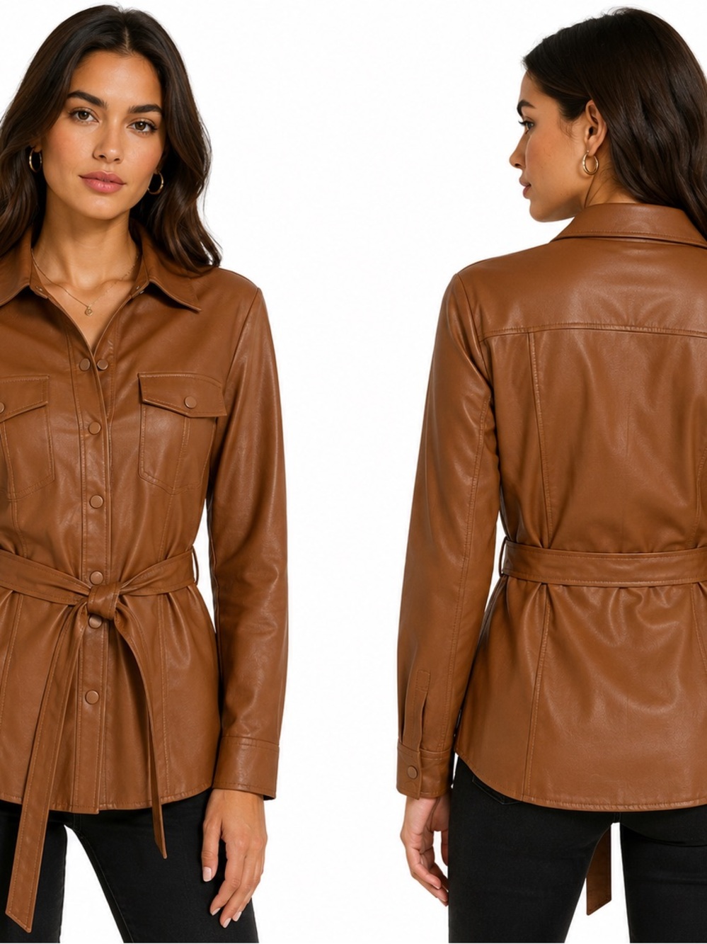 Women's Brown Faux Leather Belted Shirt Jacket - 0691